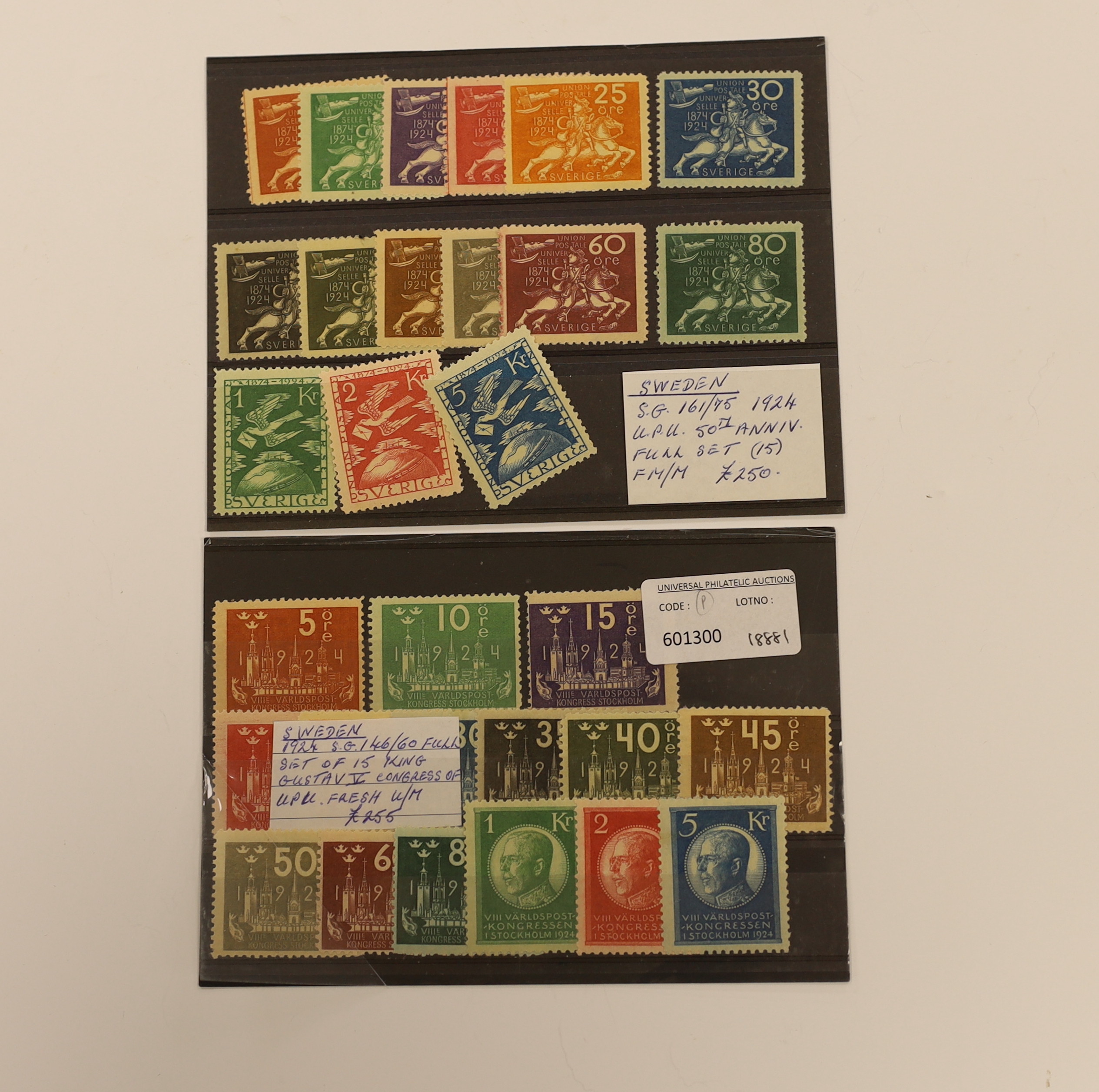 A selection of stamps with Rhodesia 1902-13 Double Heads to 2/-, 2/6d, (2), 5/-, 7/6d, 10/- and £1 including 5d lake brown and olive, also Sweden 1924 UPU and Congress sets mint, etc.